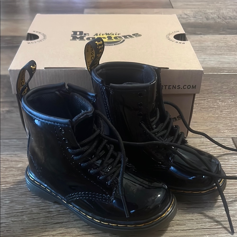 Dr. Martens Shiny Black Boots with Yellow Stitching